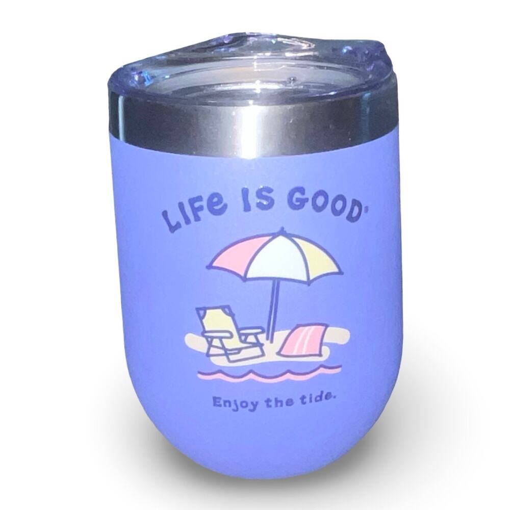 Life Is Good Purple Insulated Wine Tumbler Mug Lid Stainless Enjoy the Tide 12oz